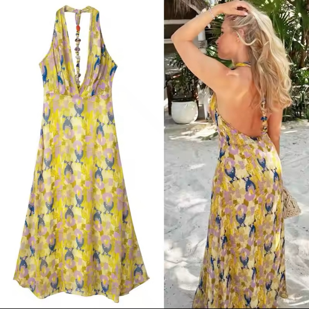 Zara Yellow Floral-Print Midi Dress with Blue & Pink Accents